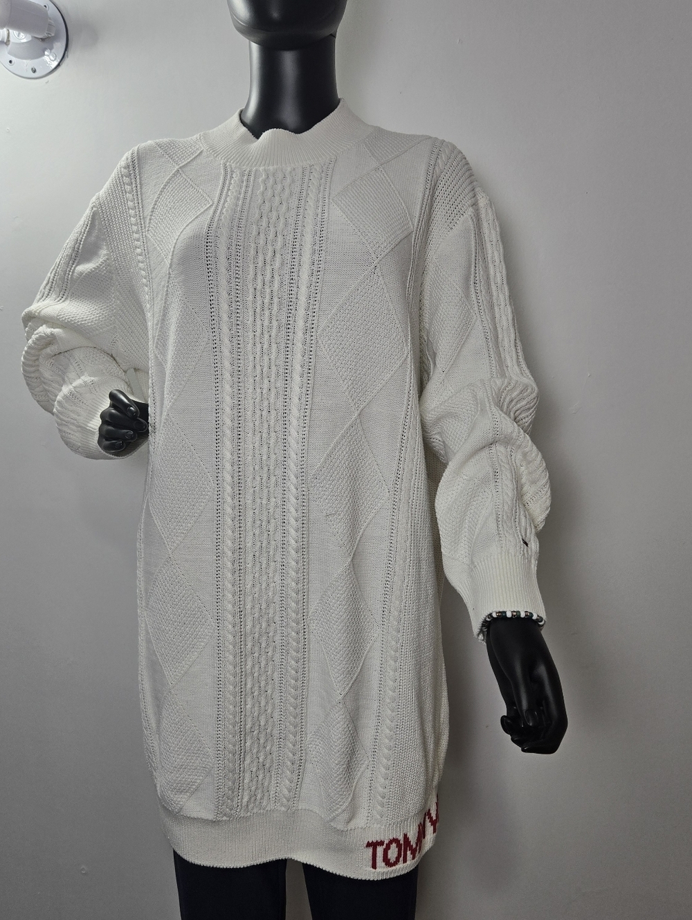 Tommy Hilfiger White Cable-Knit Sweater Dress with Logo Hem